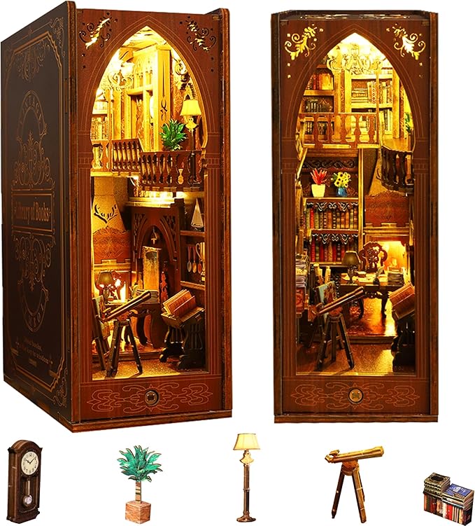 Kisoy Book Nook Kit, 3D Wooden Puzzle Booknook Build Bookshelf Decor, DIY Miniature House Kit for Adults and Teens, Mini House Arts&Craft Gifts for Family and Friends(Library of Book)