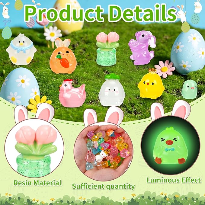56 Pcs Easter Luminous Mini Resin Figurines 56 Style Glow in The Dark Little Small Resin Miniatures to Hide Bulk Bunny Chick Figures for Easter Party Favors Egg Fillers Micro Garden Landscape Decor