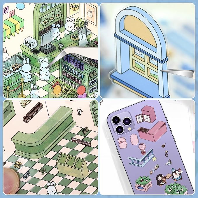 DIY 3D House Stickers, 4 Set Fun DIY Stickers Scene Make Your Own Warm Home, Supermarket, Coffee Shop, Music Bar, Cute 3D Cartoon Scene Stickers for Adult Kids Relief Stress Pass The Time (SY2.0)