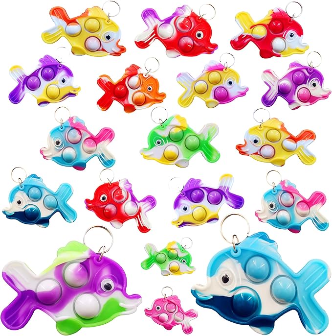 20 Packs Bulk fish Mini Pop Fidget Key Chain，Birthday Party Favors Supplies and Classroom summer Student Gifts