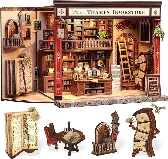 CUTEBEE Book Nook Kit - British Bookstore Magic DIY Miniature House Dollhouse Kit for Adults, Library Booknook Bookshelf Decor 3D Wooden Puzzle, Gifts for Family, Friends(Thames Bookstore)