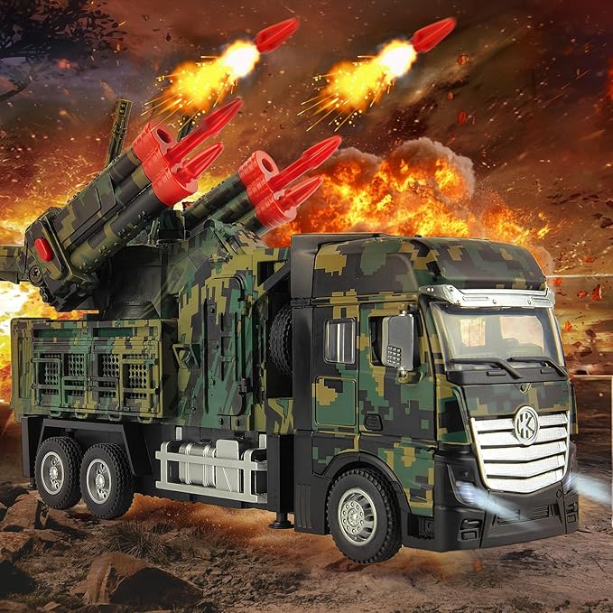 Army Toys for Boy, Military Vehicle Toy with 6 Missile Launcher, Pull Back Army Model Truck with Light and Sound, Military Missile Alloy Vehicle Toys for Kids Age 3-6