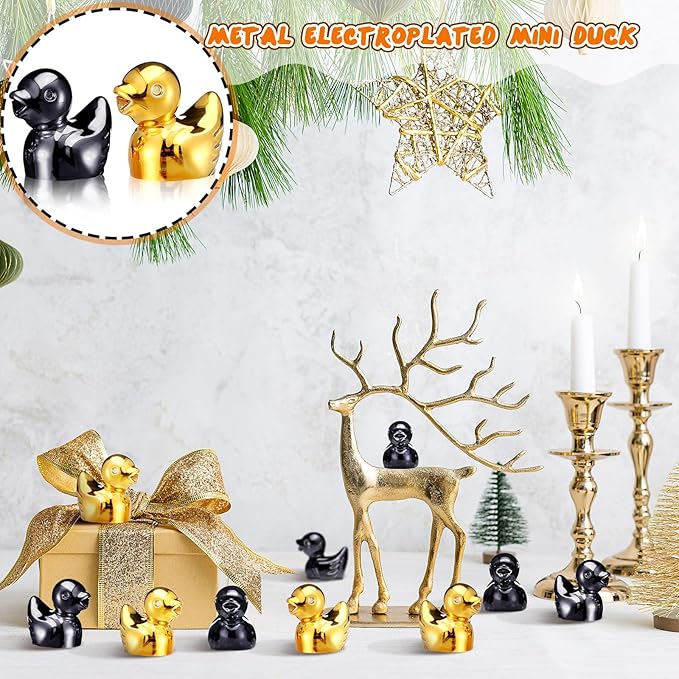 100 Pcs Shiny Mini Duck Figures Colorful Tiny Duck Decor Micro Landscape Aquarium Garden Hide and Seek Decoration Charm for Party Gift(Gold and Black)