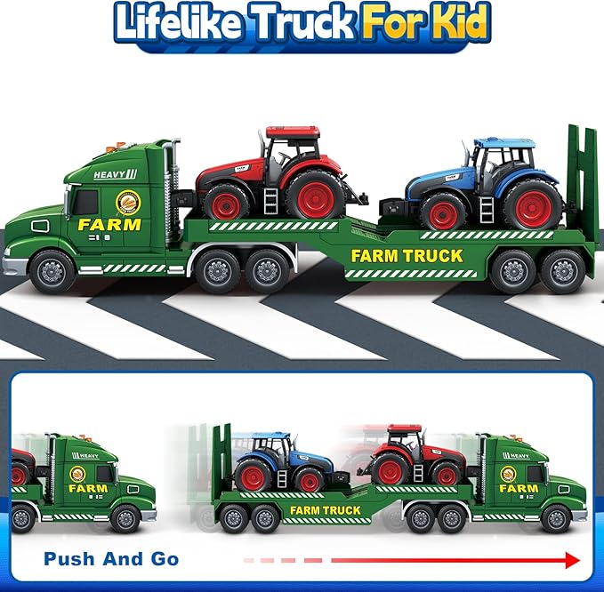 Toddler Boy Toys for 3 4 5 6 7 Years Kids, 27" Semi Flatbed Truck Toy with 2 Tractors, Friction Powered Vehicles Toys with Lights and Sounds, Birthday for Boy Girls