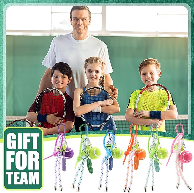 Nosiny 6 Pcs Tennis Ball Keychain Cute Tennis Racket Key Rings with Striped Lanyard 7.1in Sporty Bag Charm Backpack Pendant Gift for Men Women Sports Lover Players Team