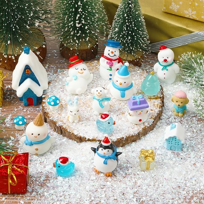 56Pcs Mini Winter Resin Figurines,Miniature Blue Snow Globe Figures Tiny Snowman Penguin Snowflake Duck Elk Christmas Tree for DIY Crafts Fairy Garden Home Decor