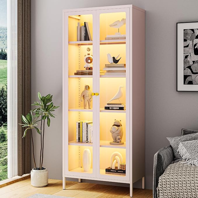5-Tier Display Cabinet with 13-Color Light, 67" Tall Bookcase Bookshelf with Glass Doors & Adjustable Shelves, Metal Storage Cabinet Display Case for Collectibles Curios Trophies - Pink