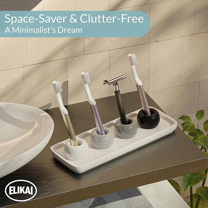 ELIKAI Ceramic Toothbrush Holder Set with Tray, Countertop Organizer for Bathroom, Storage Solution for Toothbrushes, Bathroom Accessories - Shades - 4 Pack