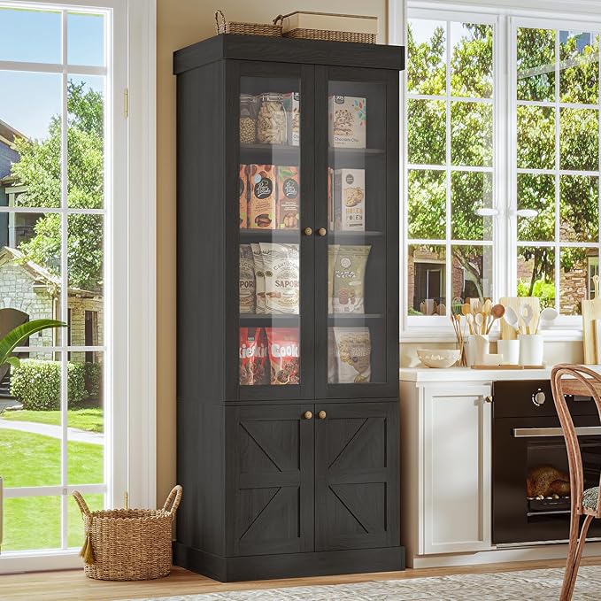 71" Tall Farmhouse Kitchen Pantry, Large Storage Cabinet with Glass Doors, Adjustable Shelves, 3 Drawer, Wood Versatile Hutch Cabinet for Dining Room, Living Room, Black 3 Pcs