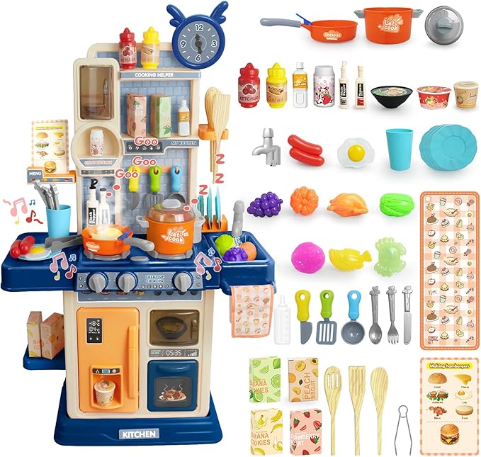 RedCrab Kids Kitchen Playset Toys, Simulate Mini Kitchen with Light and Sound, Food Toys & Kitchen Accessories, Multi-Functional Cooking Assistant, Pretend Toy Set for Toddlers 3-8(Blue)