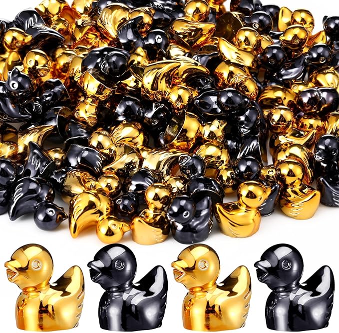 100 Pcs Shiny Mini Duck Figures Colorful Tiny Duck Decor Micro Landscape Aquarium Garden Hide and Seek Decoration Charm for Party Gift(Gold and Black)