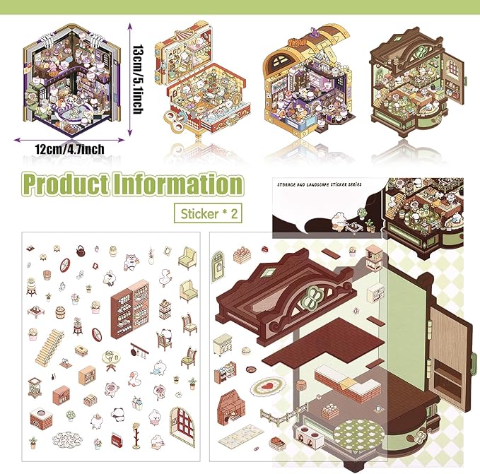 DIY 3D House Stickers, 4 Set Fun DIY Stickers Scene Make Your Own Warm Home, Supermarket, Coffee Shop, Music Bar, Cute 3D Cartoon Scene Stickers for Adult Kids Relief Stress Pass The Time (XM4.0)