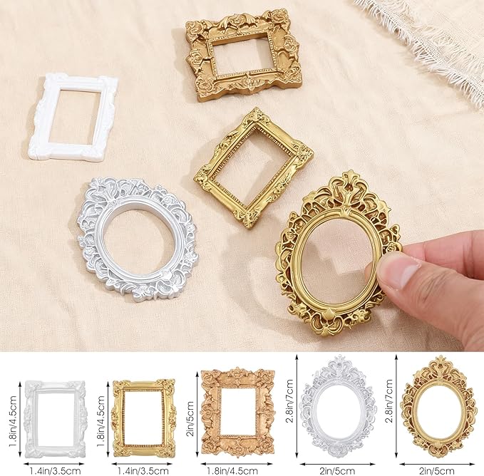 5 Pcs Miniature Dollhouse Mirror Set with Carved Golden Edges, European Style Victorian Baroque Wall Decor for 1/12 Scale Dollhouse Display, Mini Furniture Accessory Gold, White, Silver