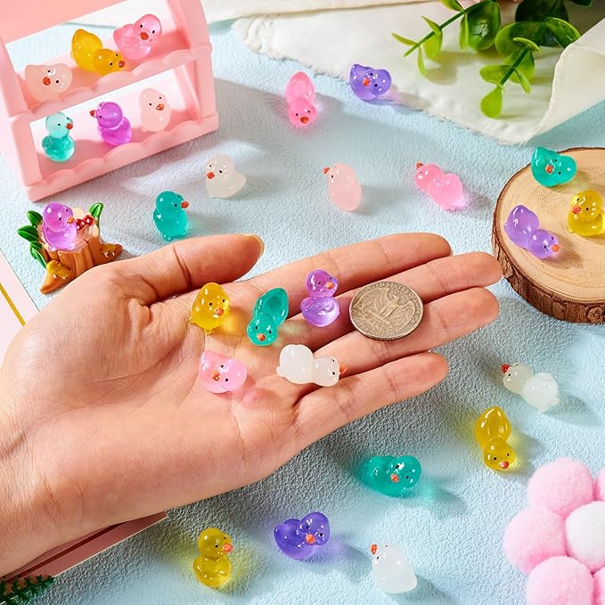 Beadthoven 60pcs Luminous Mini Resin Duck, Glow in The Dark Duck Animals Dollhouse Figurine Assorted Colorful Cute Cabochons Small Glowing Figure DIY Charms Ducks Garden Craft Landscape Ornaments