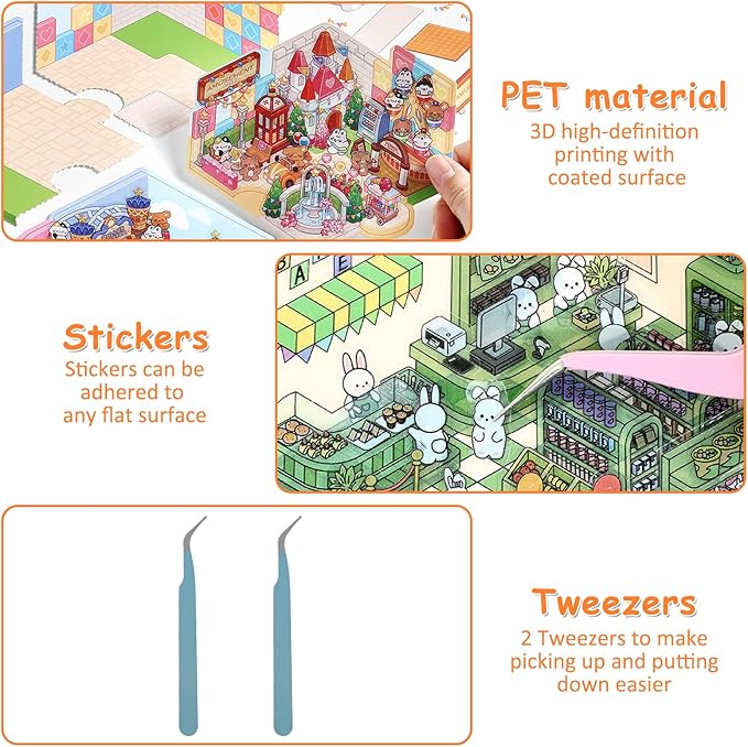 DIY 3D House Sticker, Creative 3D Stickers Scene, Fun 3D House Sticker Set, Decorative 3D Room Sticker, Cartoon 3D Miniature Scene Stickers for Adults Kids to Make Your Own Mini Room Scenes (Set 2)