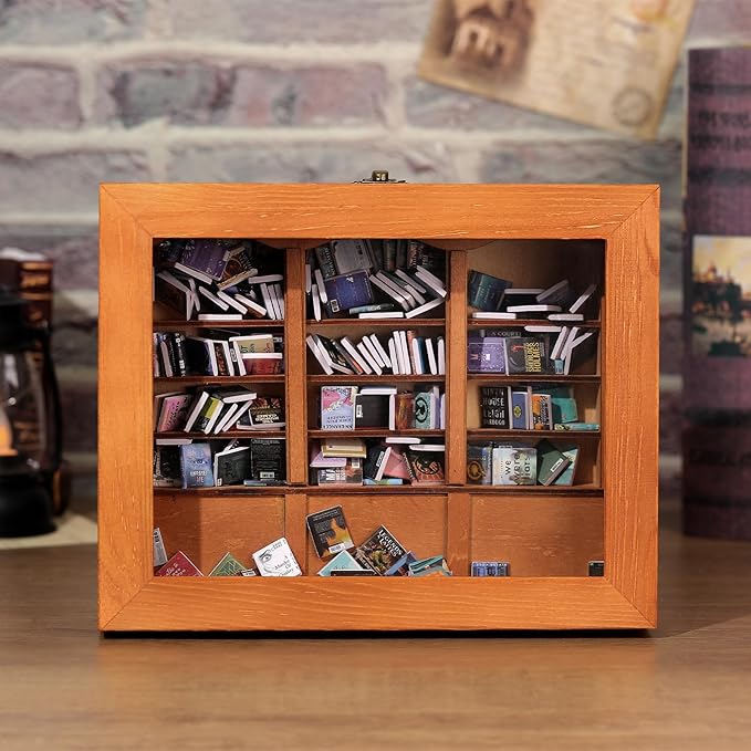 Anxiety Bookshelf Shake Away Your Anxiety, Miniature Book Display Case Cabinet with 200 Mini Books, Creative Wooden Mini Bookshelf Shake Anxiety Stress Reliever Funny Gifts for Book Lovers (Brown)