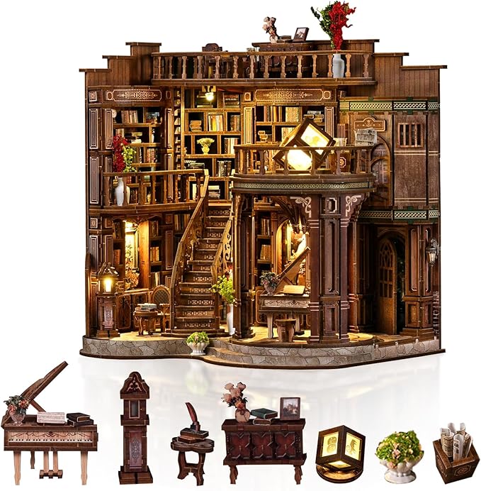 Hallisun DIY Miniature House Kit, Mini 3D Wooden Dreamy Book Hall Building Kit with Furniture and LED, Tiny Diorama Dollhouse Model Set, Handmade House Craft Birthday for Adults Teens
