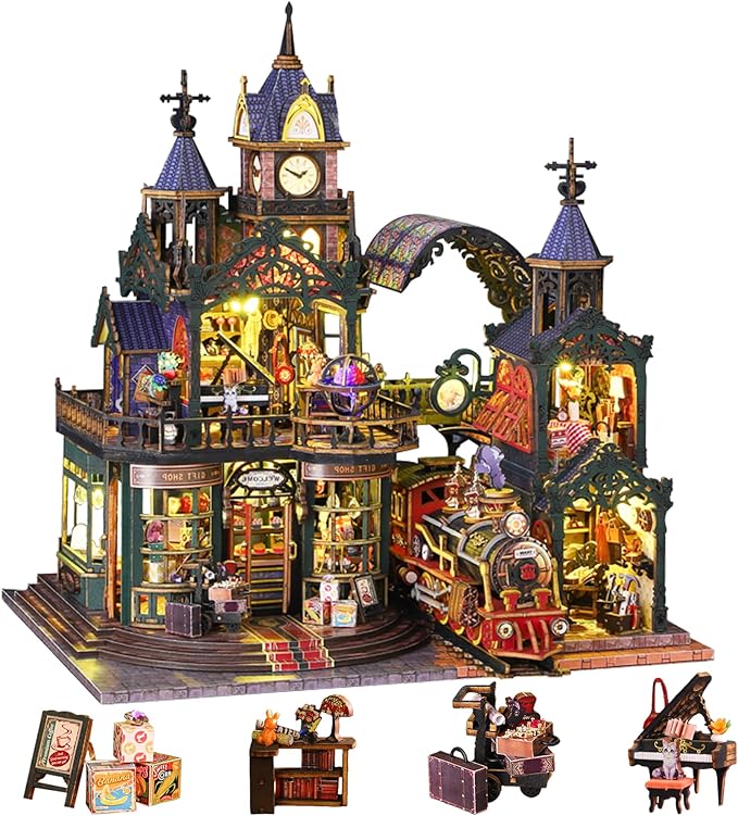 CRIOLPO DIY Miniature Dollhouse Kit: Dollhouse Kit for Adults Teens - 3D Wooden Puzzles mini House Building Kit with LED Light - Gifts for Family Friends (Rail-tracksecluded City)