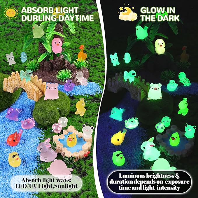 105PCS Mini Resin Animals Tiny Cute Figurines Glow in Dark, Miniature Figures to Hide, Little Animal Small Accessories for Topper Desk Garden Dollhouse Landscape Aquarium Ornaments Crafts & Decor