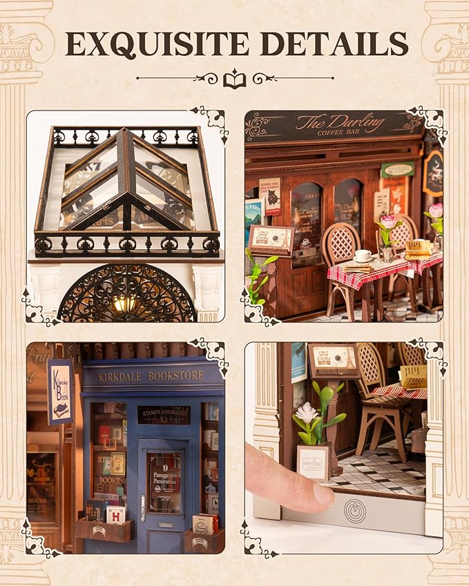 Rolife DIY Book Nook Kit for Adults European Arcade Street Scene, Miniature House Kits 3D Wooden Puzzle Booknook with LED Lighting, Home Decor Craft Creative Gift for Mom Dad Teens