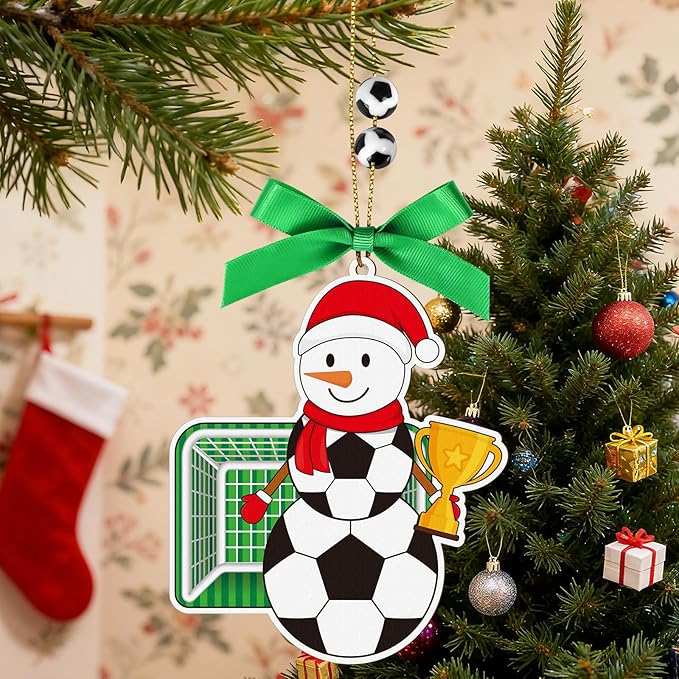 4.3 Inches Snowman Soccer Christmas Ornament, Wooden Soccer Snowman Tree Ornament Hanging Decoration for Rearview Mirror, Window, Eaves, Fireplace and Home Holiday Party Decor