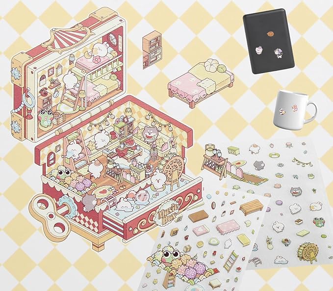 DIY 3D House Scene Stickers, 4 Set Cartoon Cute Mystic Treasure Storage and Magical Box Relaxing Stickers, Fun Miniature Room Stickers for Adults, Kids, Travel, Relief Stress, Pass The Time