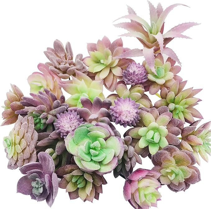 Woohome 25 PCS Artificial Succulent Plants, Purple Fake Succulent Unpotted Faux Succulent Assortment in Flocked in Different Type for Birthday Home Decor Indoor Wall Garden DIY