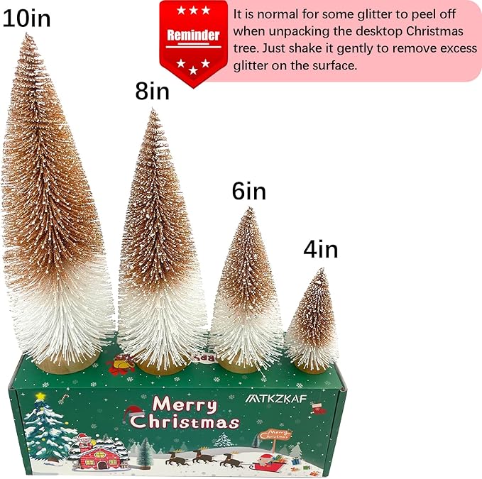 MTKZKAF Mini Christmas Trees Bottle Brush Christmas Trees for Christmas Decorations Multicolor Table Top Gradient Christmas Tree with Wooden Base (Gold+White)