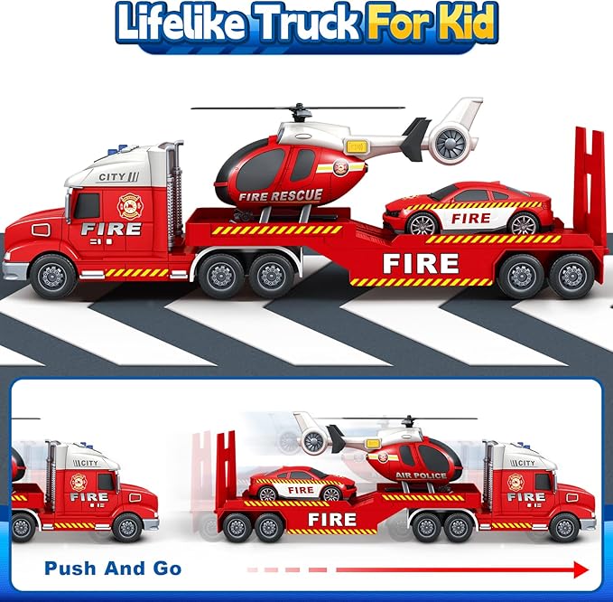 Kids Toys for 3 4 5 6 7 8 Years Old Boys, 27" Fire Truck Toy with Racing Car and Helicopter, Toddler Friction Powered Truck Vehicle Toy with Lights, Sounds for Boys Girls Christmas Birthday Gifts