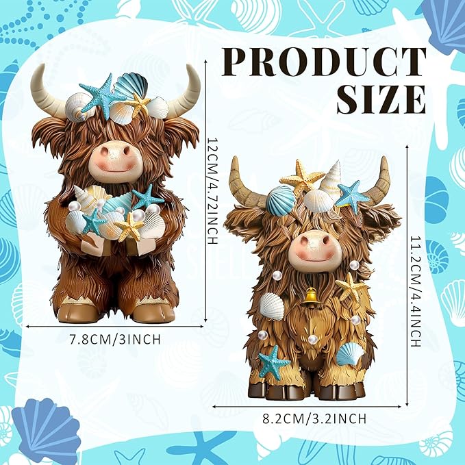 Burbell 2 Pcs Coastal Highland Cow Decor Summer Beach Ocean Themed Highland Cow Figurines Resin Starfish Seashellstatue Calf Lovers Gifts for Home Garden Kitchen Office Tiered Tray Table Decor