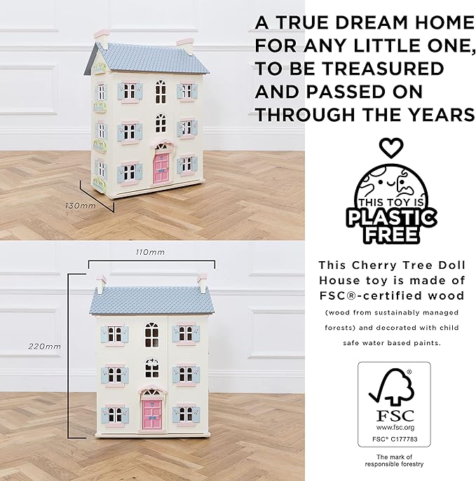 Le Toy Van - Gorgeous Cherry Tree Hall Large 4 Storey Wooden Doll House Play Set For Girls or Boys | Great As A Gift | Suitable for Ages 3+