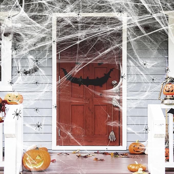 1200 sqft Halloween Spider Webs and 50pcs Fake Spiders Super Stretch Cobwebs Party Decorate for Halloween Theme Indoor and Outdoor Decoration