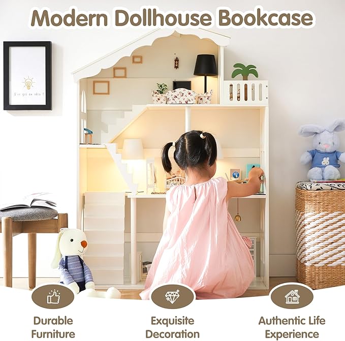 Dollhouse Bookshelf, Wooden Kids Bookshelve Children Doll House Toy Storage 3-Tier Bookcase for Books Gift for Girls Ages 3-7+