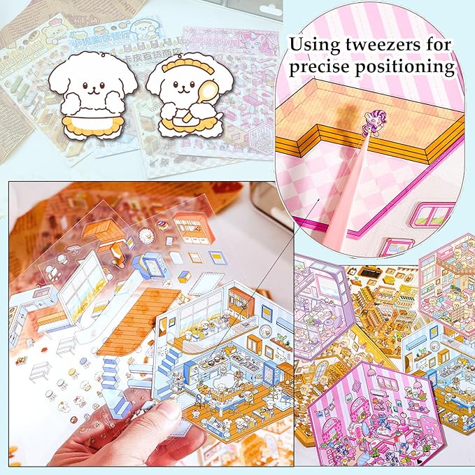 DIY 3D Sticker Scene, Stocking Stuffer, 6 Sets of Cute Miniature Isometric Stickers for Kids Adult Therapy Scenes Sticker Reuseable and Waterproof Stickers for Girl, Holiday & Christmas Fun