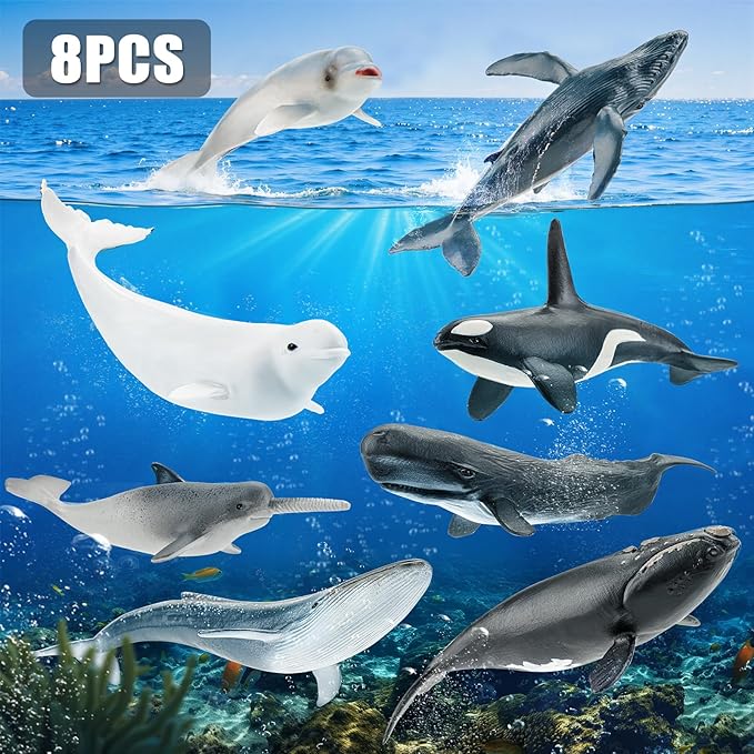 8PCS Whale Figurines Toys for Toddlers, Realistic Ocean Animals Figures Sea Creatures Toys for Kids Includes Beluga Orca Blue Whale, Birthday Party Favors & Gifts for Boy Girl