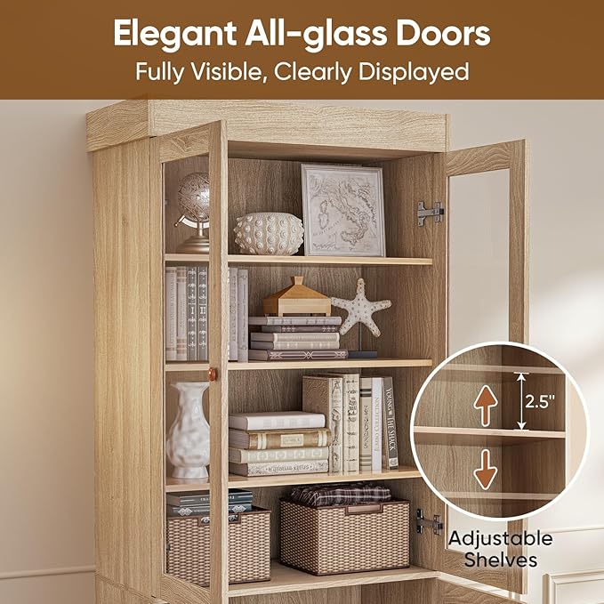 71" Tall Farmhouse Kitchen Pantry, Large Storage Cabinet with Glass Doors, Adjustable Shelves, 3 Drawer, Wood Versatile Hutch Cabinet for Dining Room, Living Room, Brown 2 PCS