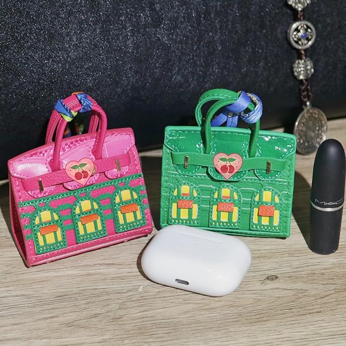 Buyborgood Women's 2 PCS Mini Tote Bag Charms Keychain Pouch Small Coin Purse Wallet (Rose Red + Green)