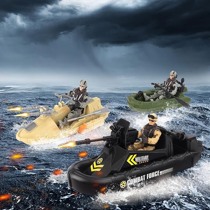 deAO Military Vehicles Set - Combat Boat Toy with 2 Army Men Figures, Batter Boat and Other Weapon Gear Accessories, Great Gift for 3-5+ Boys