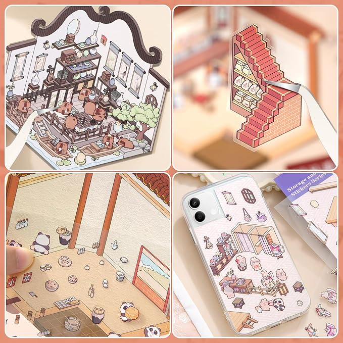 DIY 3D House Stickers, 4 Set Fun DIY Stickers Scene Make Your Own Warm Home, Supermarket, Coffee Shop, Music Bar, Cute 3D Cartoon Scene Stickers for Adult Kids Relief Stress Pass The Time (XM3.0)
