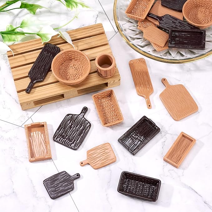 26 Pcs Plastic Miniature Trays Miniature Kitchen Basket Food Trays Cute Tableware Dishes Dollhouse Ornaments for Landscape Dollhouse Garden Tea Party Decor