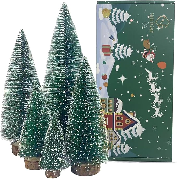 NotiGat 5pcs Small Christmas Tree Tabletop Decor mini Christmas Trees for Decoration Wooden Xmas Bottle Brush Tree Christmas for Village Holiday Party（4/6/8/10/12 inch）