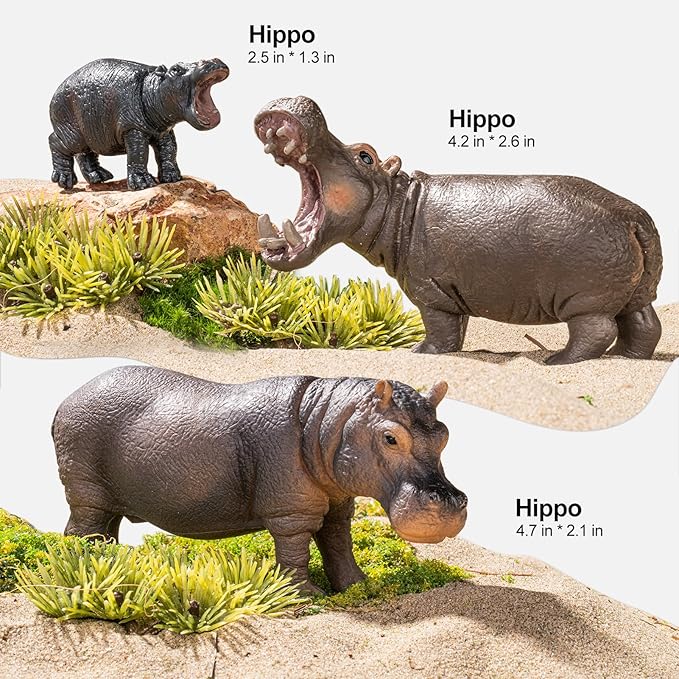 4PCS Hippo Safari Zoo Animals Figurines Toys, Plastic Animals Figures Toy for Kids Includes Solid Hippopotamus and Cubs, Birthday Gift Party Favors Cake Toppers for Boys Girls