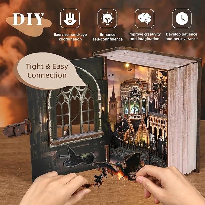 Book Nook Kit, DIY Miniature Dollhouse Magic Book for Adults and Teens, 3D Wooden Puzzle Bookends with Sensor Led Light, Gifts for Family, Friends (Introduction to Magical Flight)