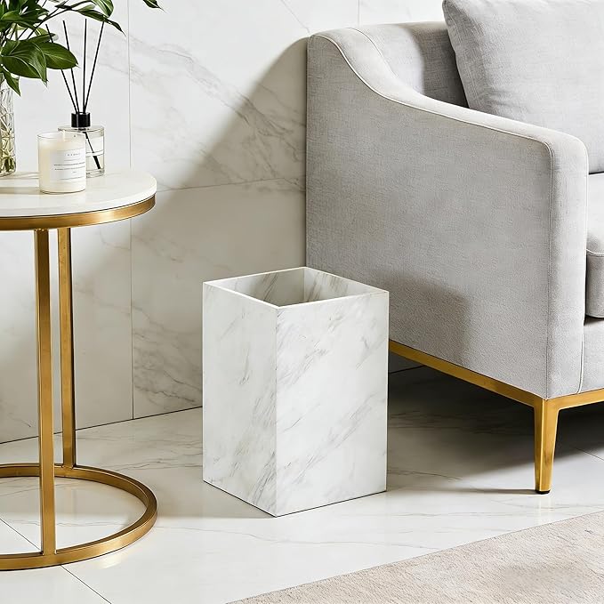 Modern Square White Marble Waste Basket, Natural Stone Bathroom Trash Can, Decorative Home Garbage Container, Beautiful Marble Look Rubbish Bin for Bathroom, Bedroom, Kitchen, Home Office