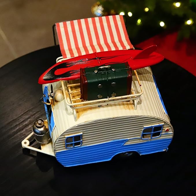 Travel Car Model Camper Van Trailer RV Motorhome Iron Vehicles Campsite Retro Industrial Steampunk Cute Diecast Decor Present Surprise for Boyfriend Caraholic Travelogue Adventurers Man