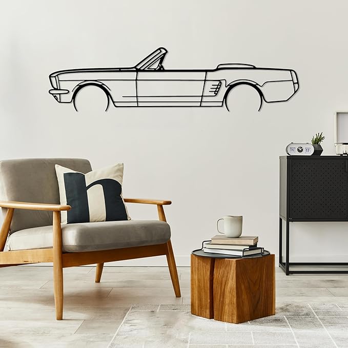 DecoSoul Mustang Metal Car Wall Art, Sports Car, Automotive Silhouette Line Decoration, Minimalist Sculpture for Garage, Indoor Outdoor Wall Hanging, Gift for Boyfriend (Black - 55 x 15.1” inch)