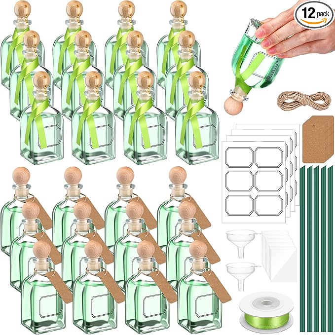 Baderke 12 Pcs 100ml/3.4oz Patron Shot Bottles Empty for Drinks Mini Tequila Shot Bottles Patron with Cork Lids Green Ribbon Reusable Glass Bottle for Weddings Birthday Party Favors DIY Crafts