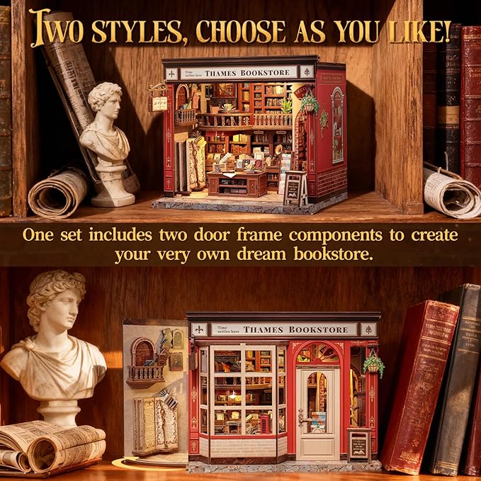 CUTEBEE Book Nook Kit - British Bookstore Magic DIY Miniature House Dollhouse Kit for Adults, Library Booknook Bookshelf Decor 3D Wooden Puzzle, Gifts for Family, Friends(Thames Bookstore)