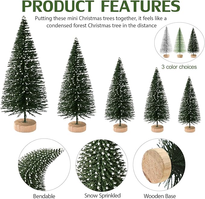 30Pcs Mini Christmas Tree Decor, Artificial Christmas Tree 5 Sizes,Mini Sisal Snow Frost Trees with Wooden Base for Christmas Decor Christmas Party Home Table Craft Decorations (A-Green/Silver)