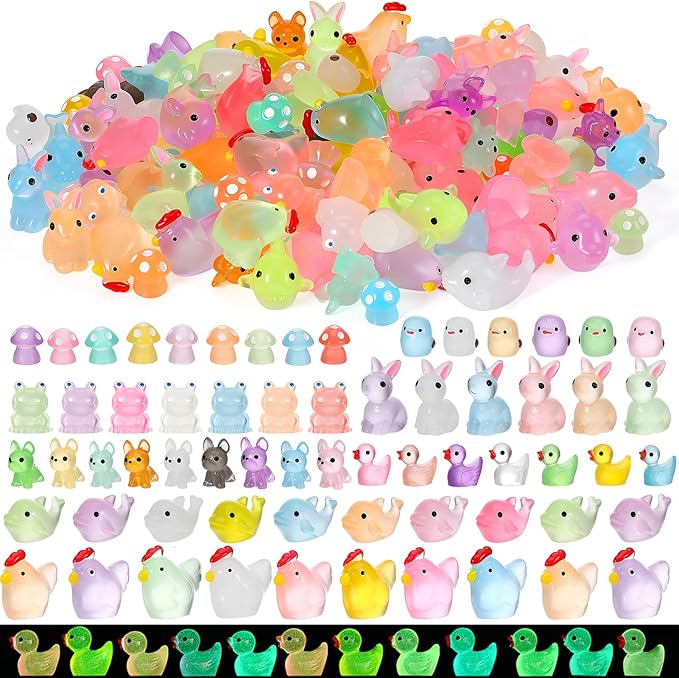 190PCS Luminous Mini Resin Ducks Tiny Glow in The Dark Duck Chickens Rabbit Frogs Dolphin Mushroom Puppy Resin Miniature Animals for Landscape Dollhouse Garden Decoration